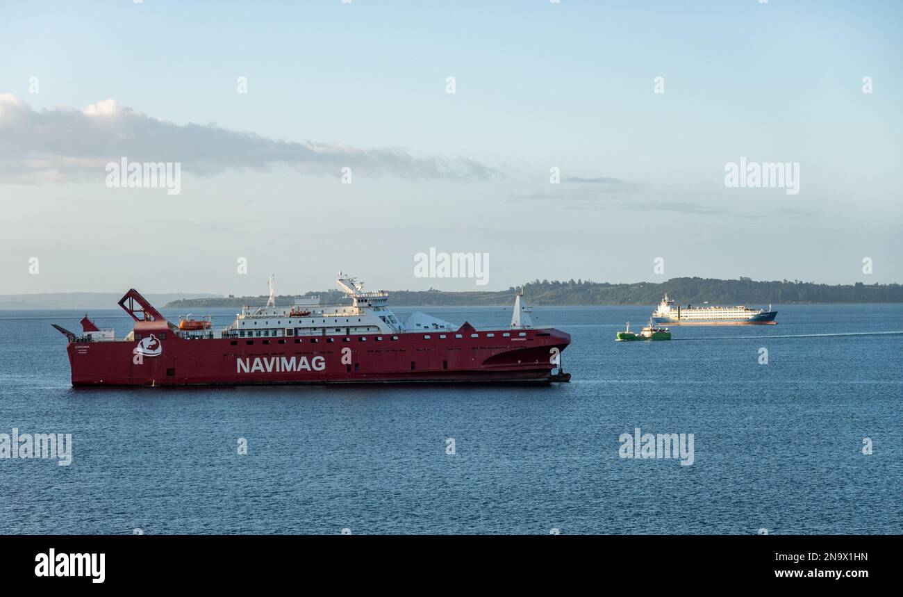 Puerto Montt, Chile - 24 January 2023: Navimag car ferry ship at anchor Stock Photo