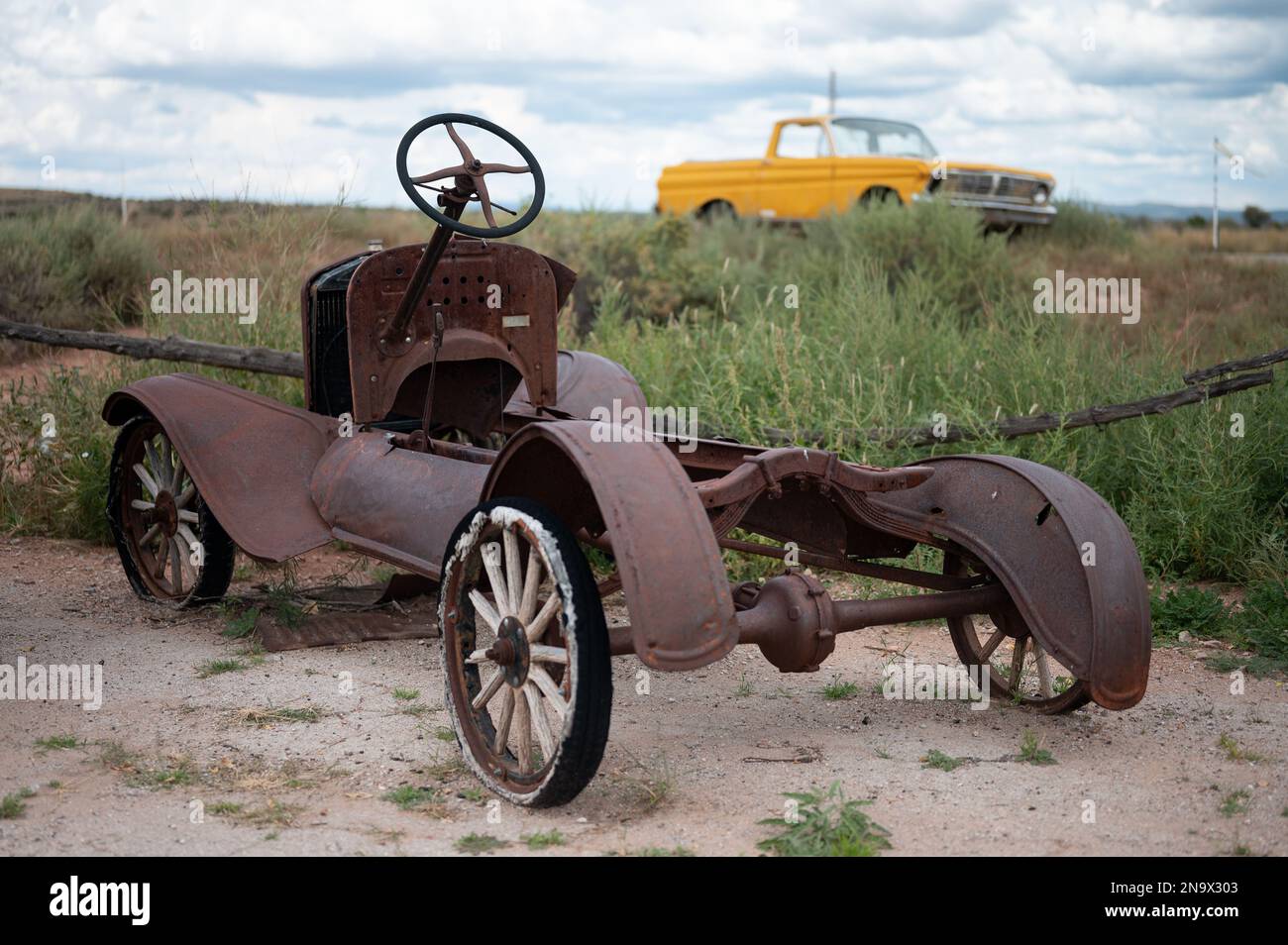 The remains of an old abandoned historic car, cannot be identified. Stock Photo