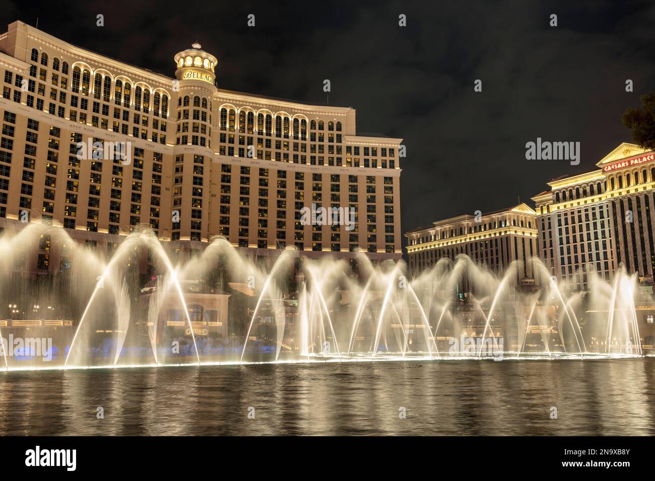 Night view of the famous Bellagio fountains at the Las Vegas Strip, Nevada USA. Stock Photo