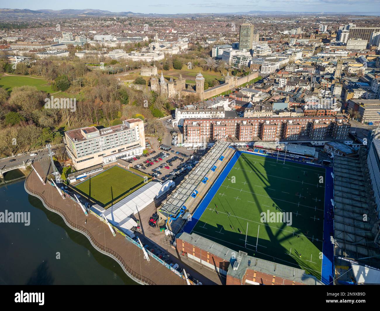 Aerial view of the centre of Cardiff and the Cardiff Arms Park rugby ground with a 4G plastic