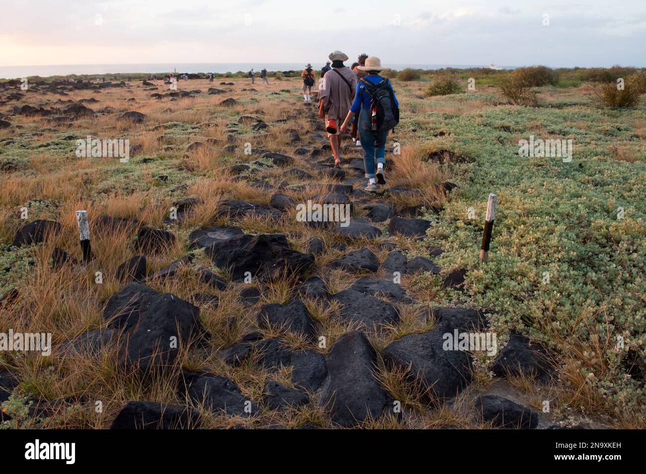 Tourists follow a trail on Espanola Island in Galapagos National Park; Espanola Island