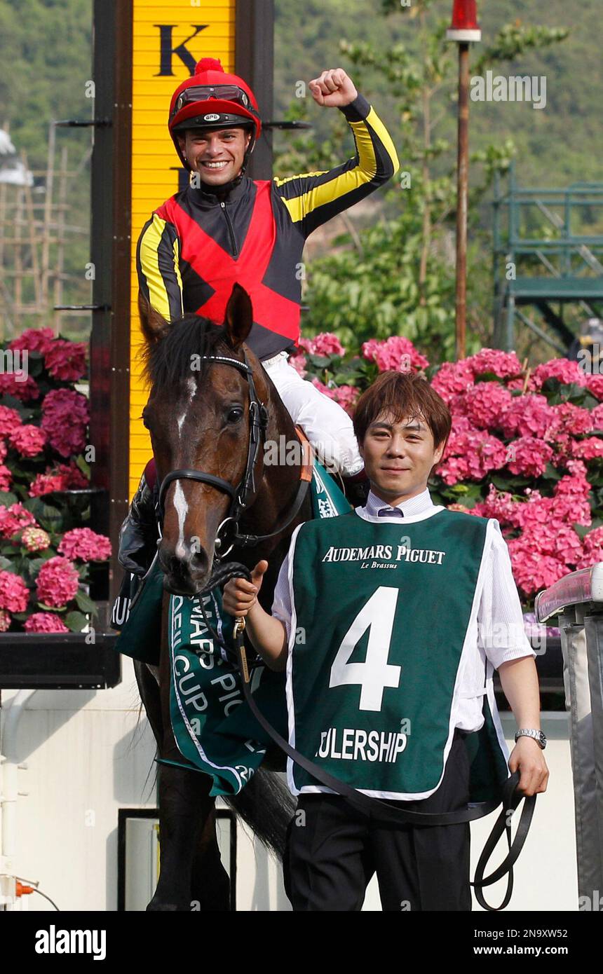 Italian jockey Umberto Rispoli riding Japan's Rulership celebrates
