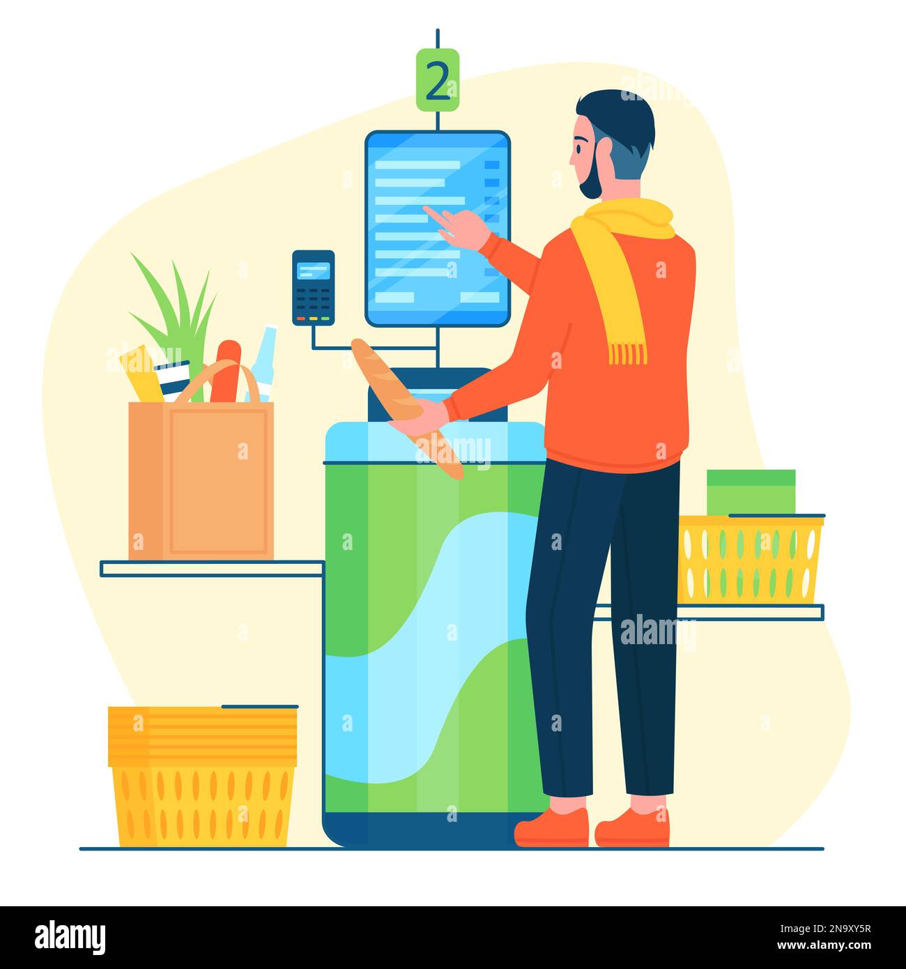 Self service in grocery store, supermarket vector illustration. Cartoon consumer using cashier electronic kiosk with display and automated contactless payment for products and purchases in retail shop Stock Vector