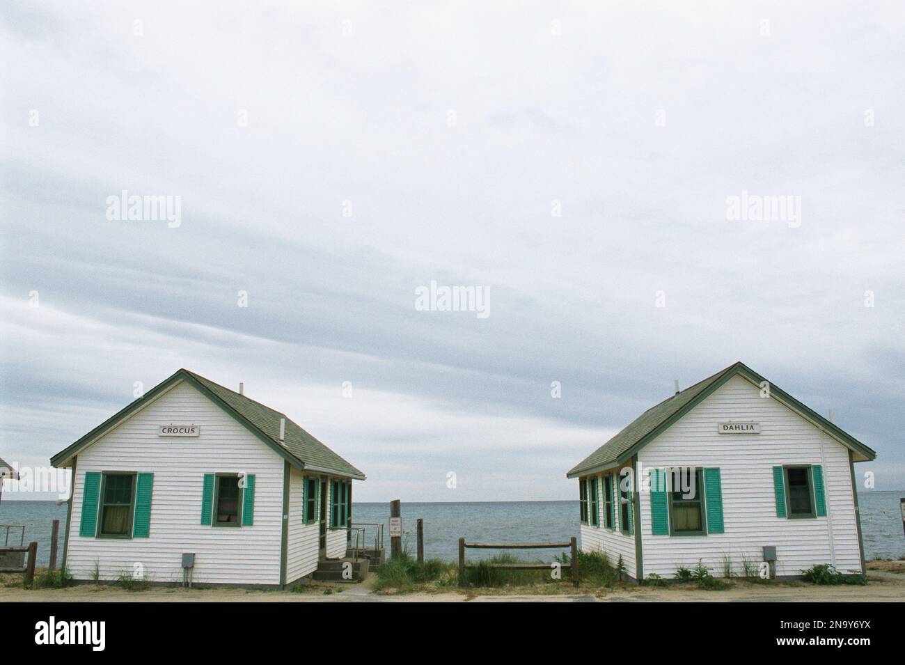 Rental cottages along a Cape Cod beach.; Truro, Cape Cod, Massachusetts. Stock Photo