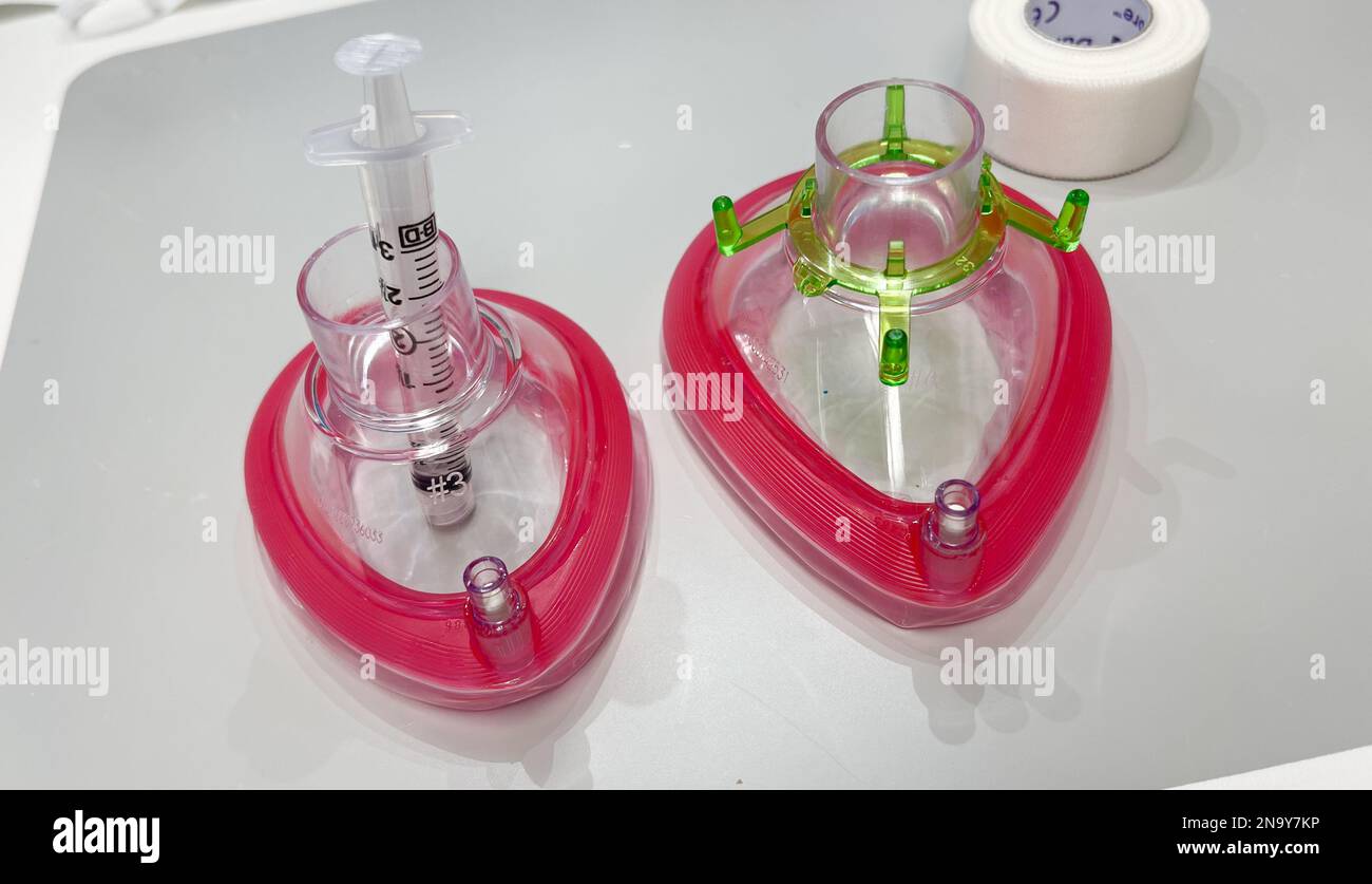 Hospital Airway equipment on table for breathing and intubation Stock