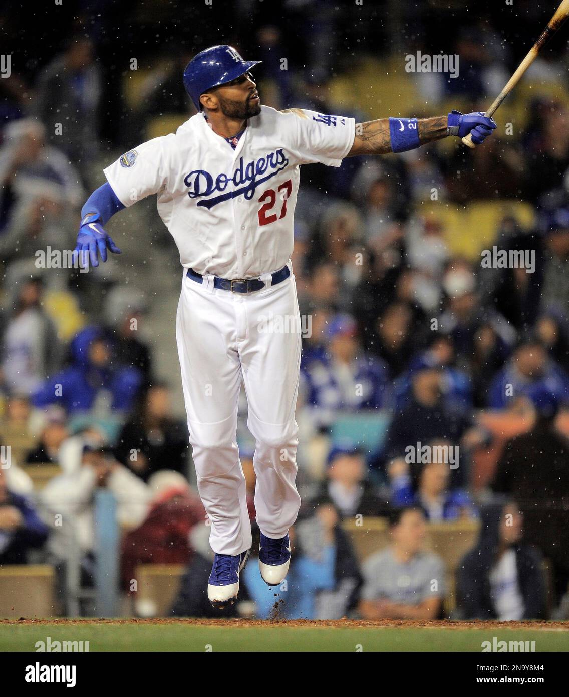 Los Angeles Dodgers' Matt Kemp watches his solo home run during
