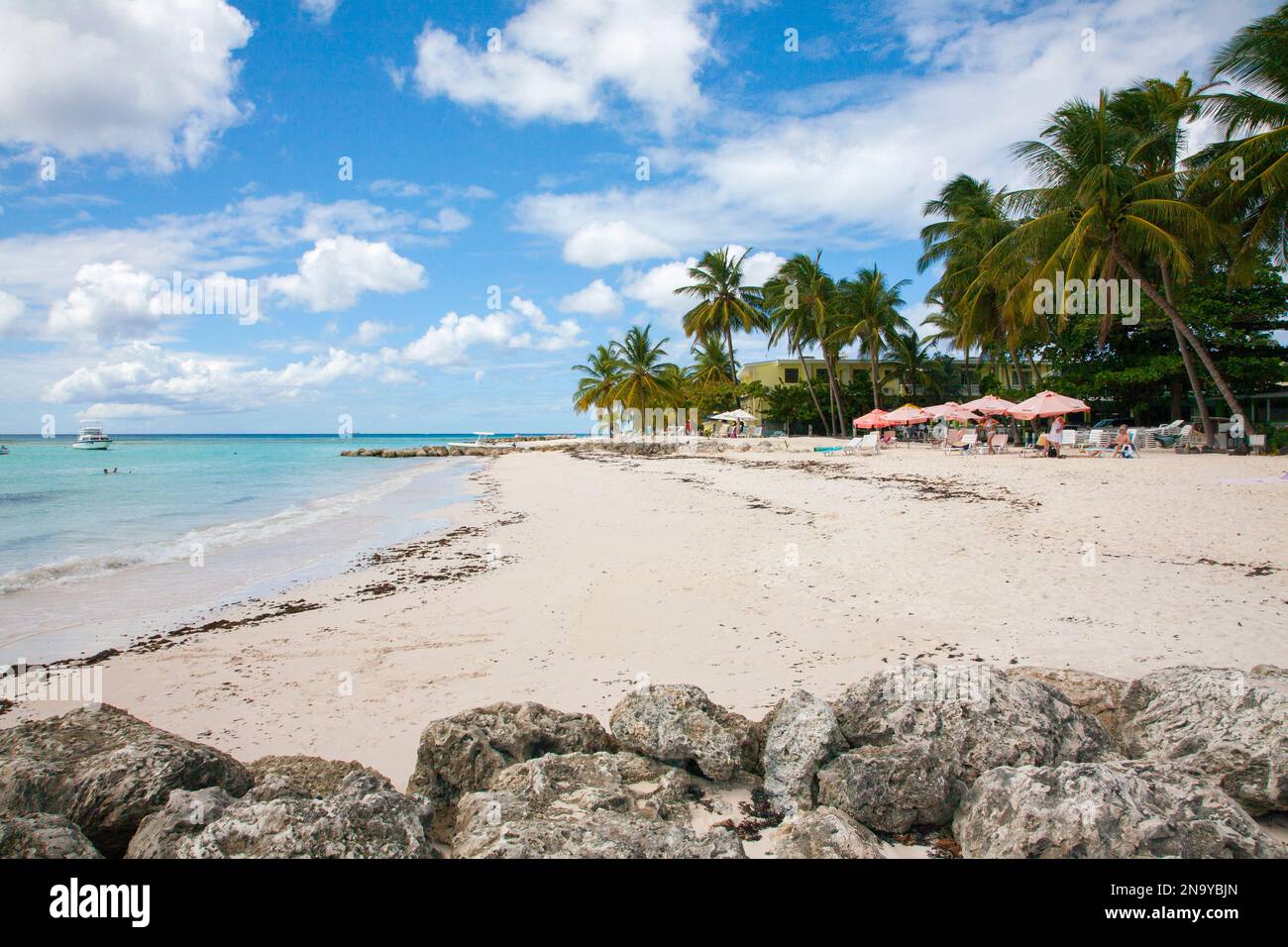 Pristine white sand beach at the small village of Worthing in Barbados; Worthing, Barbados Stock Photo
