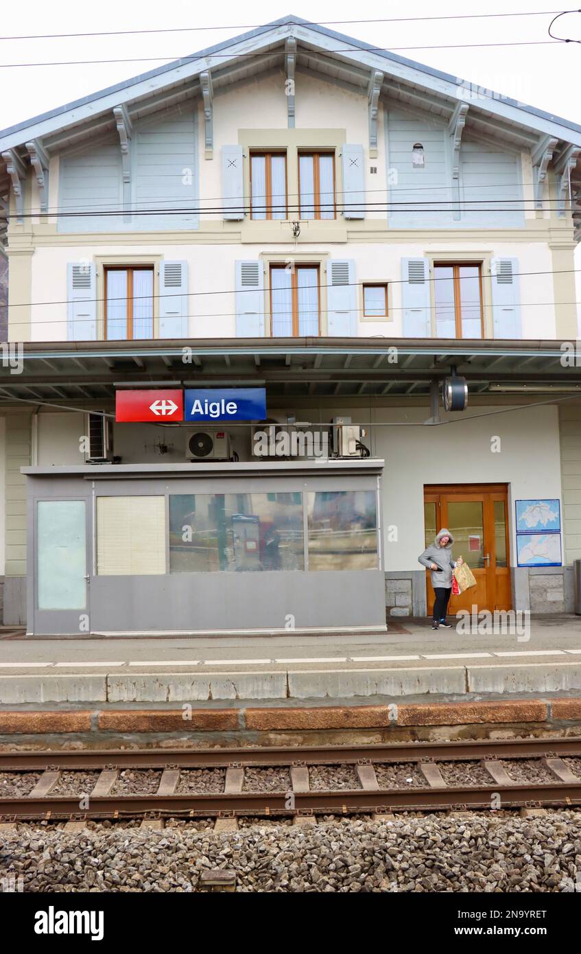 Aigle railway station building, January 2023 Stock Photo