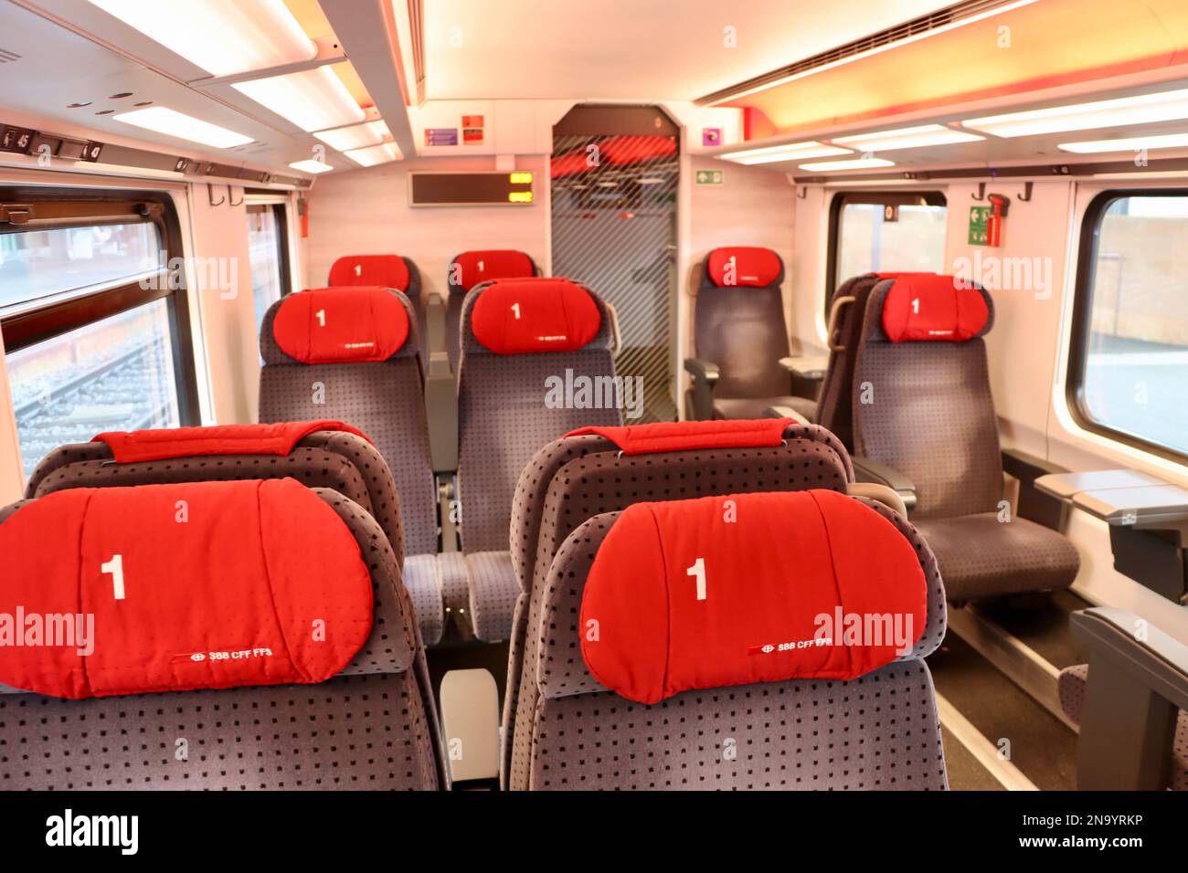 First class seating on Swiss railways InterRegio train. Stock Photo