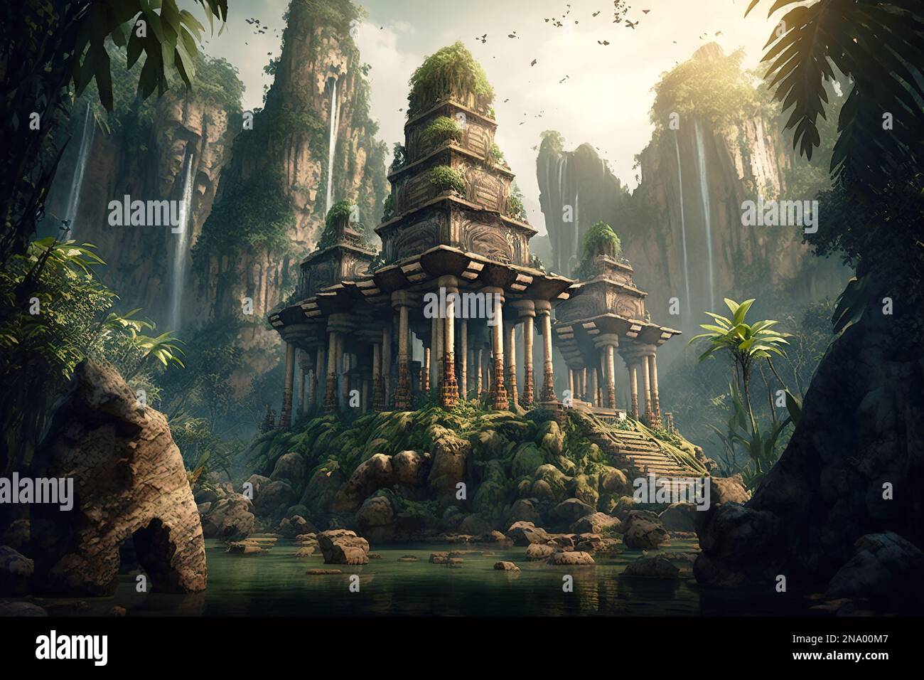 Temple ruins in jungle, old stone building and fairy waterfalls in  mountain, generative AI. Landscape of fantasy forest and mystery  construction. Conc Stock Photo - Alamy