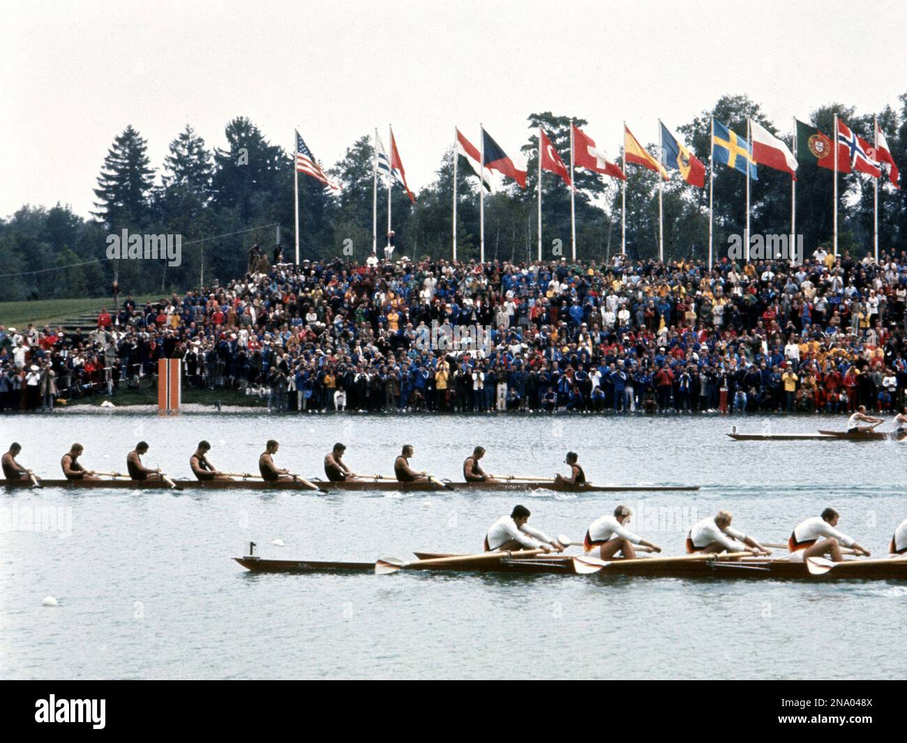 New Zealand's eight with cox, center, cross the finish line to win the ...
