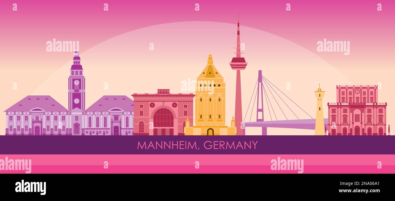 Sunset Skyline panorama of city of Mannheim, Germany - vector illustration Stock Vector