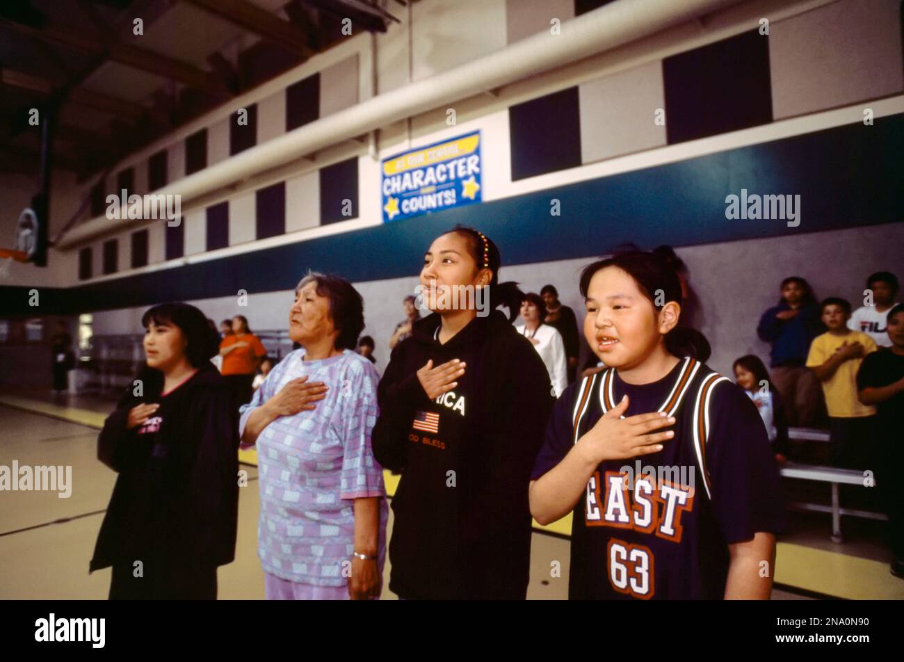 Inuit people pledging allegiance before an athletic event; North Slope ...