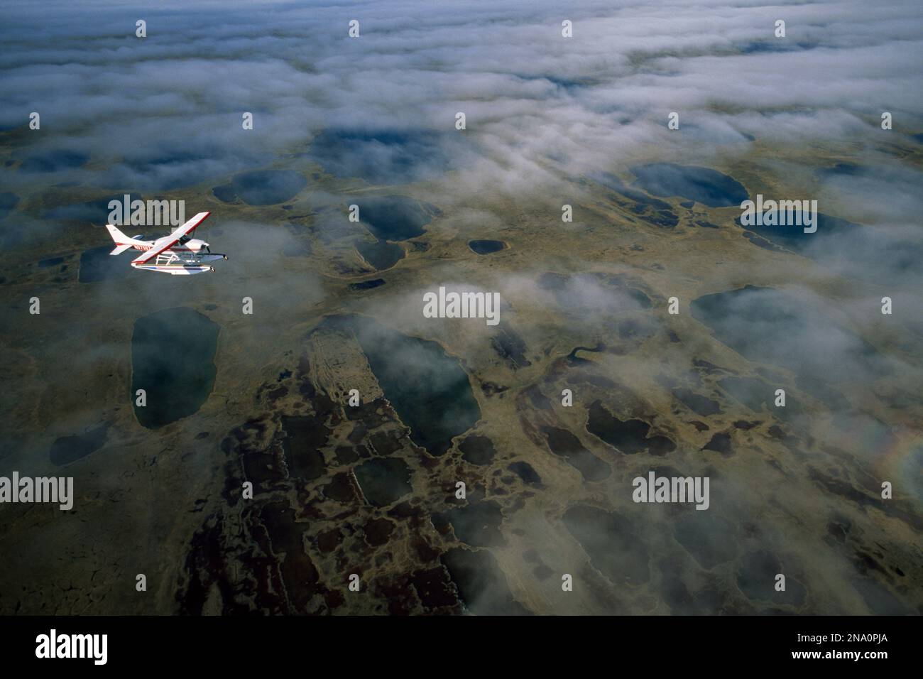 Seaplane over clouds and the tundra of Alaska's North Slope; North Slope, Alaska, United States of America Stock Photo