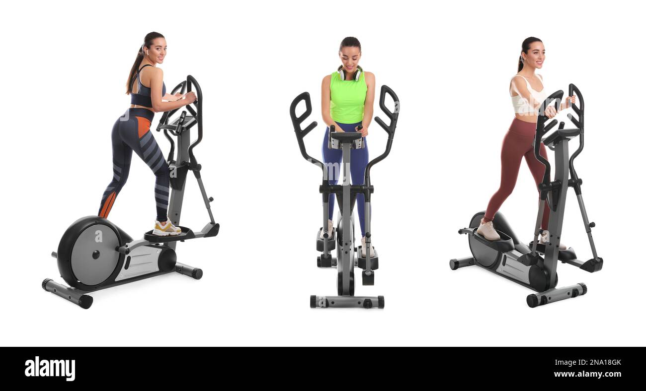 Using Elliptical Machines Woman using modern elliptical machine on white background, collage ...