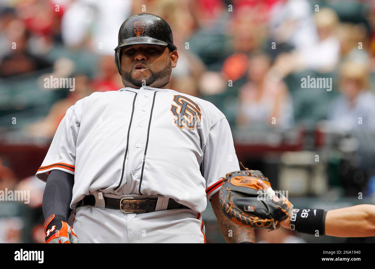 San Francisco Giants' Pablo Sandoval backs away from a pitch