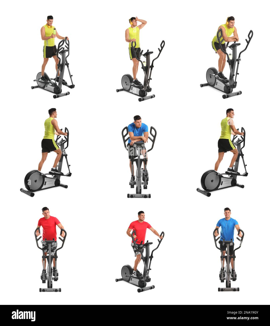 Man using modern elliptical machine on white background, collage Stock