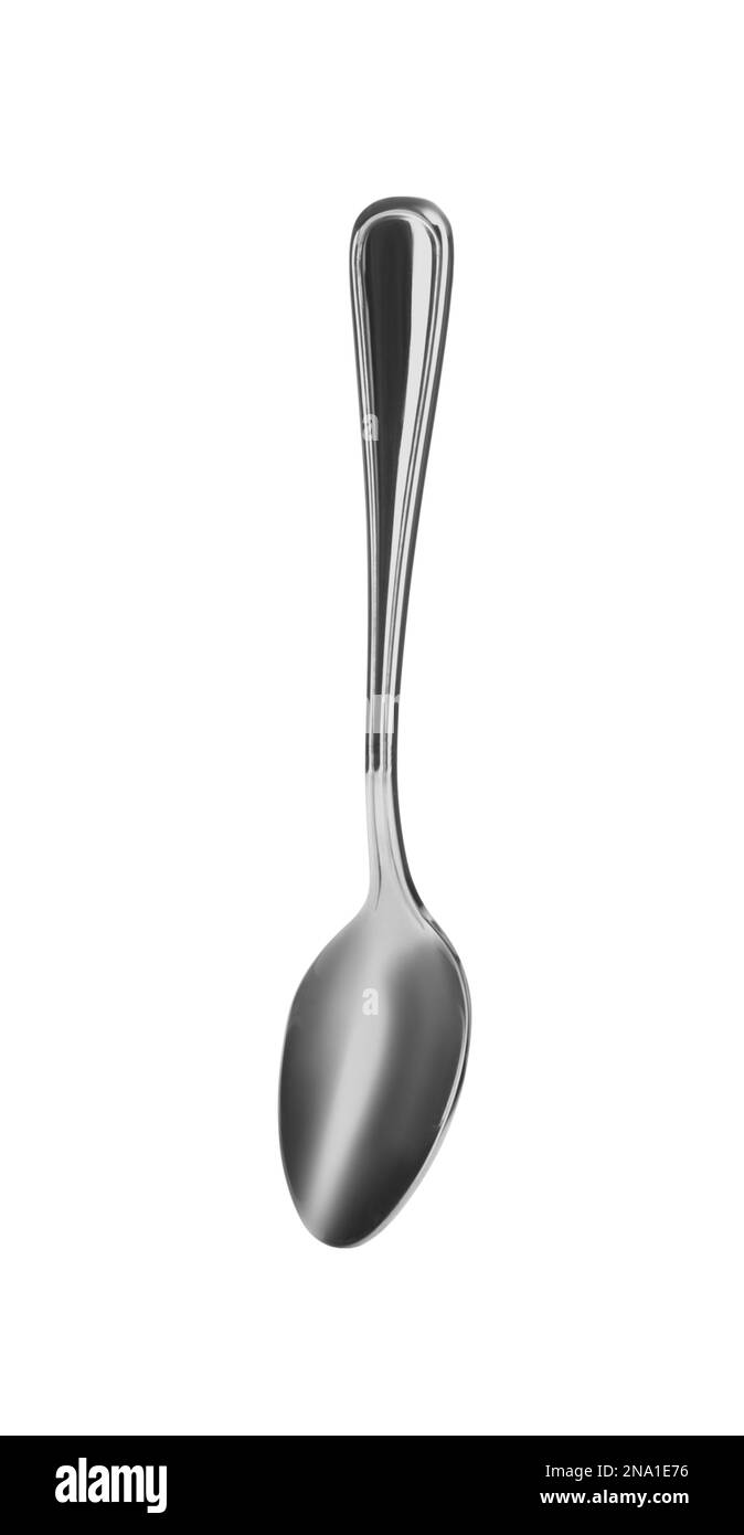 Clean shiny metal spoon isolated on white. Stainless steel small