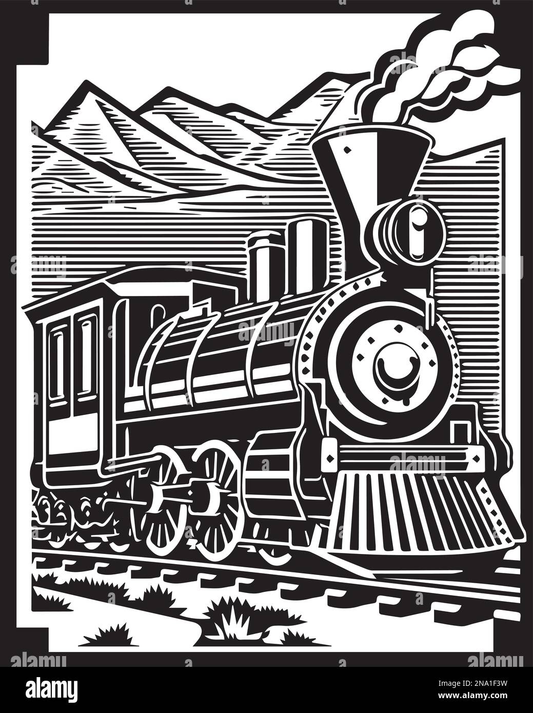 Steam locomotive in the mountains linocut vector illustration digital art Stock Vector