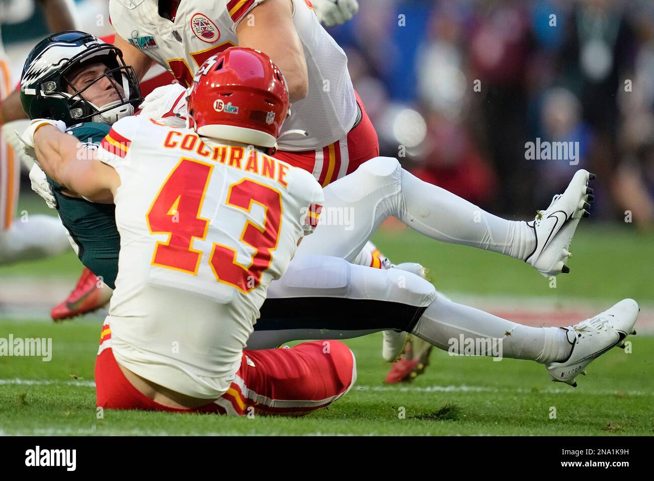 Kansas City Chiefs' Jack Cochrane (43) hits Philadelphia Eagles
