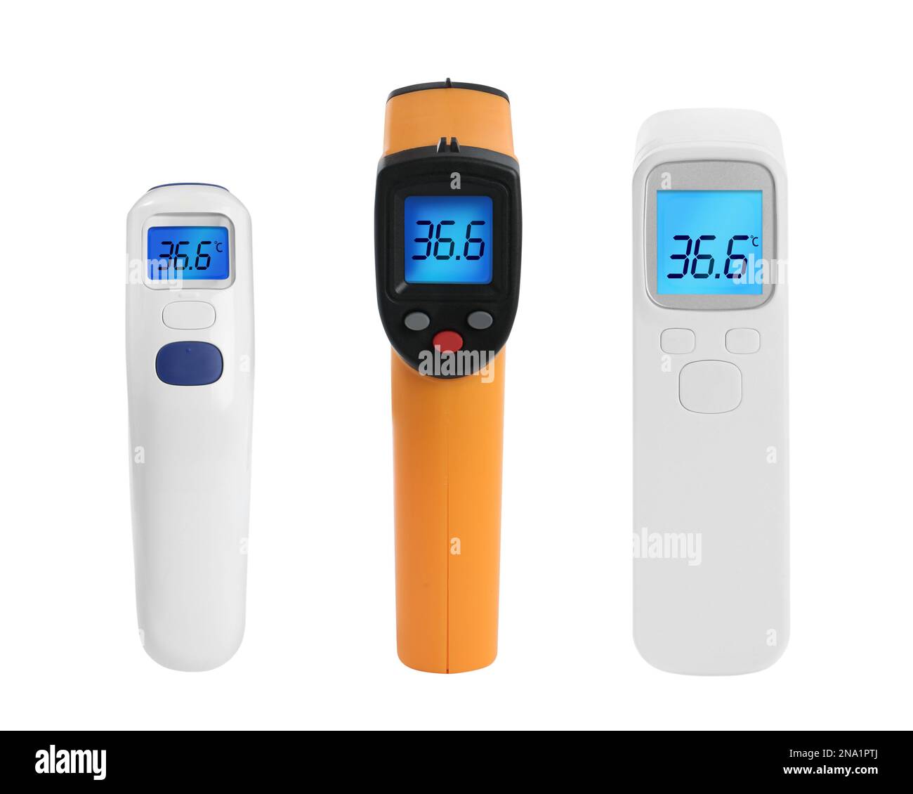Infrared thermometers on white background, collage. Checking