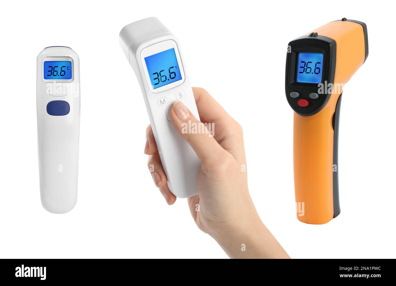 Infrared thermometers on white background, collage. Checking