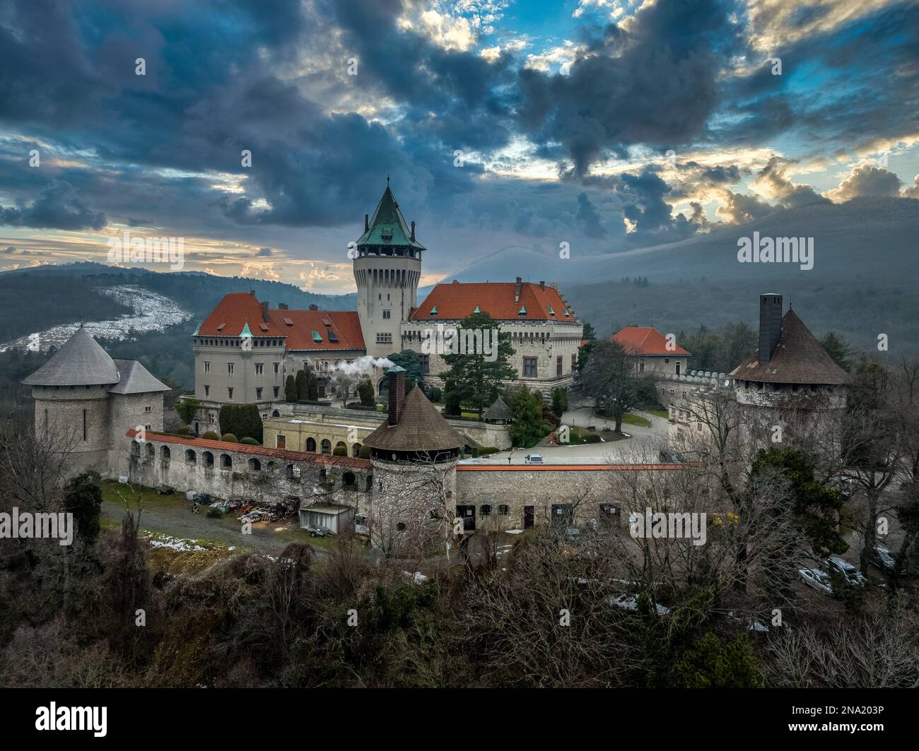 Aerial view of romantic medieval knight castle with donjon and towers in Smolenice Slovakia Stock Photo