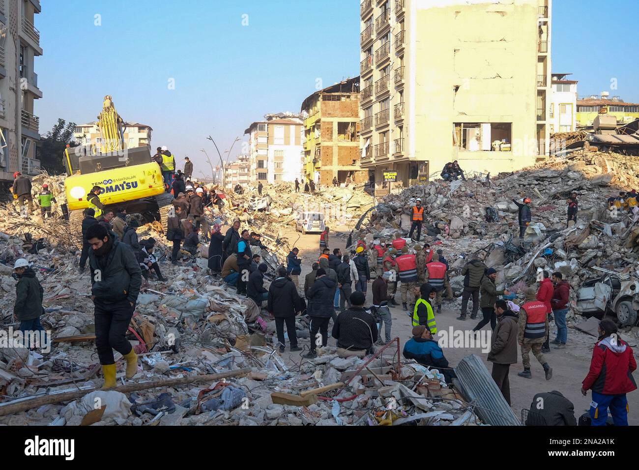 Hatay, Turkey. 12th Feb, 2023. Search and rescue teams are seen at the wreckage area. Miracles