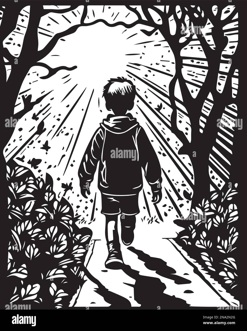 Beautiful linocut art or colouring page of a boy walking on an adventure made for print digital art. Doodle pattern for relax and meditation Stock Vector