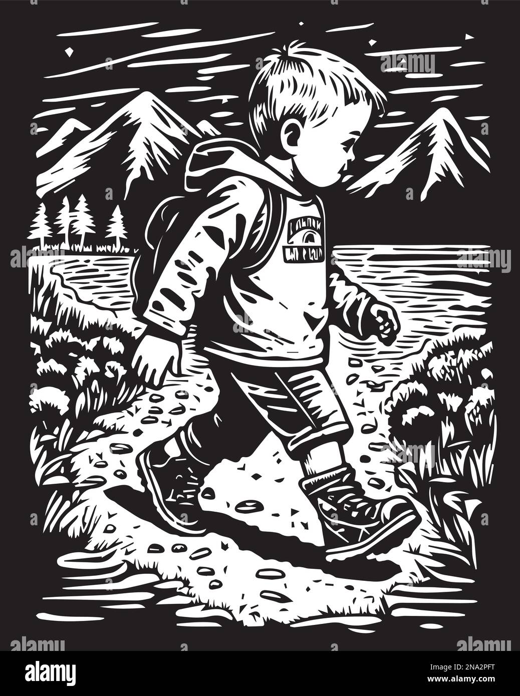 Beautiful linocut art or colouring page of a boy walking on an adventure made for print digital art. Doodle pattern for relax and meditation Stock Vector