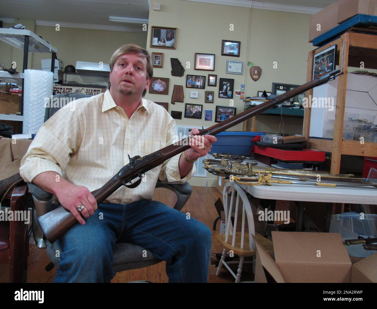 in-a-wednesday-march-21-2012-photo-civil-war-relics-collector-rafael-eledge-poses-with-a-musket-made-in-1831-in-savannah-tenn-eledge-says-artifacts-connect-him-with-meaningful-events-and-people-of-the-past-ap-photoadrian-sainz-2NA2RWP.jpg
