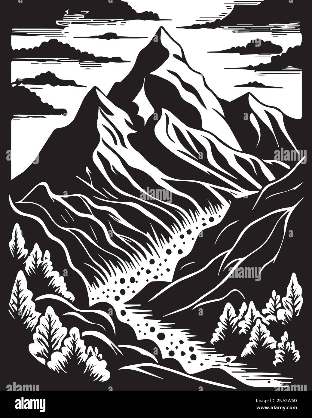 linocut, illustration, mountain, landscape, design, black, vector