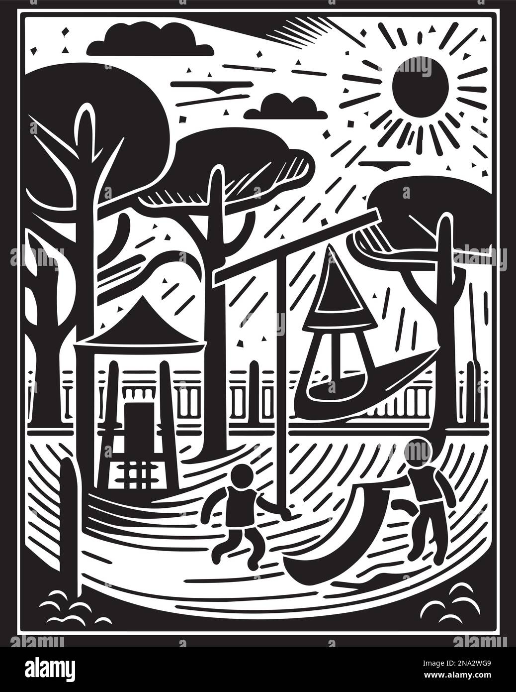 Beautiful linocut art or colouring page of a kids playground made for ...