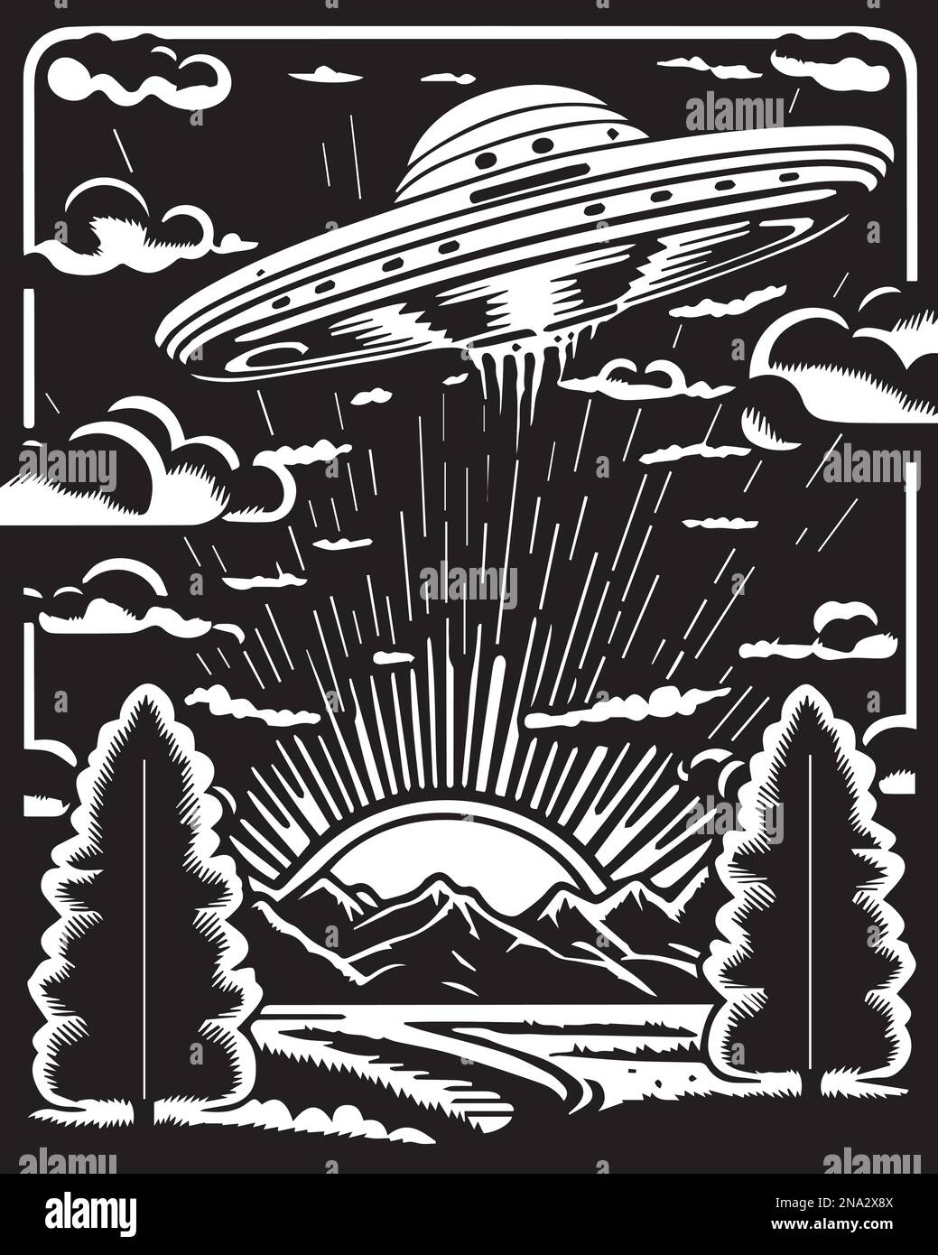 UFO flying above the mountains colouring page or print art frame Stock Vector