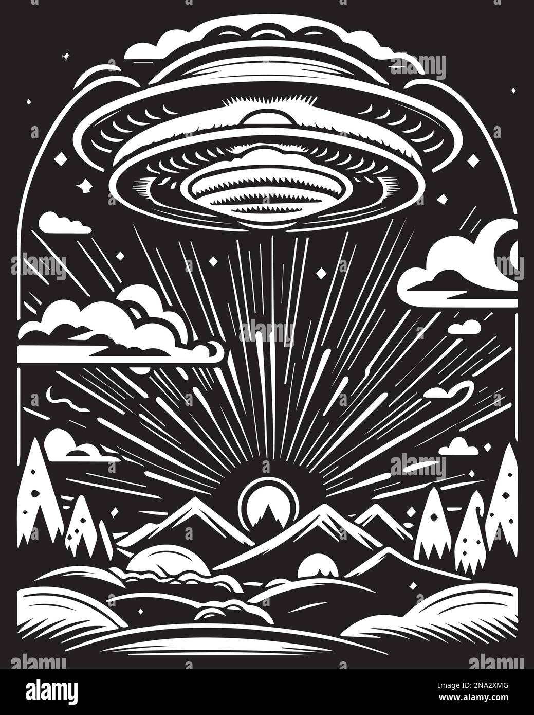UFO flying above the mountains colouring page or print art frame Stock Vector