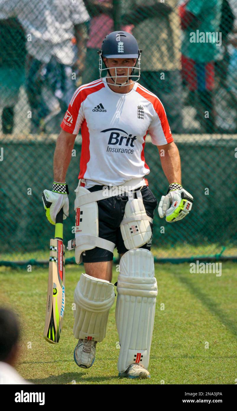 England's cricket captain Andrew Strauss attends a practice session ...