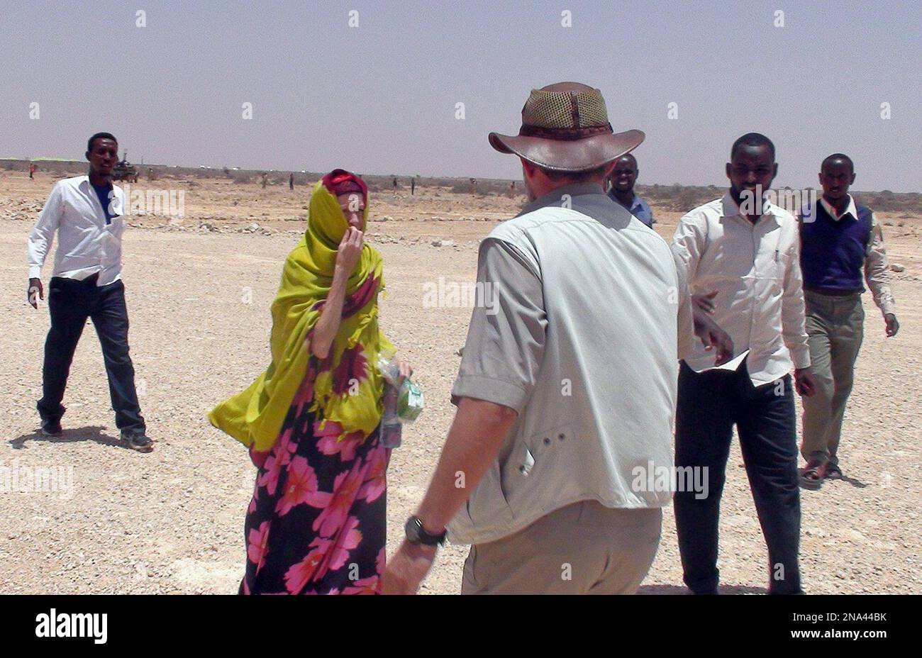 British tourist Judith Tebbutt, 56, who was snatched by Somali gunmen from a resort island in Kenya and whose husband David Tebbutt was killed in the attack, is seen after being freed following more than six months in captivity in Adado, Somalia Wednesday, March 21, 2012. (AP Photo) Stock Photo