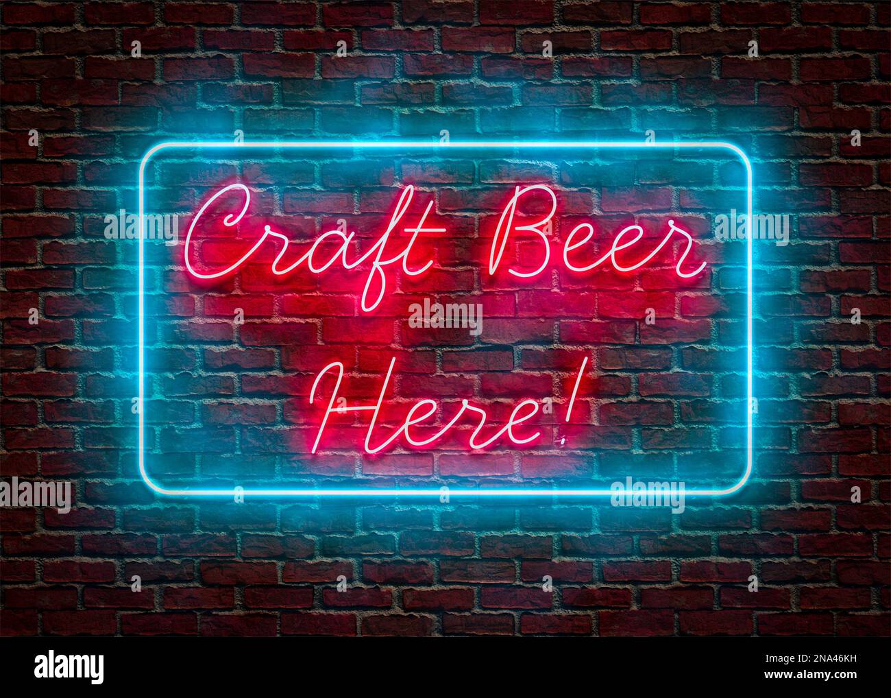 Craft Beer Here Neon Sign on a red brick wall Stock Photo Alamy