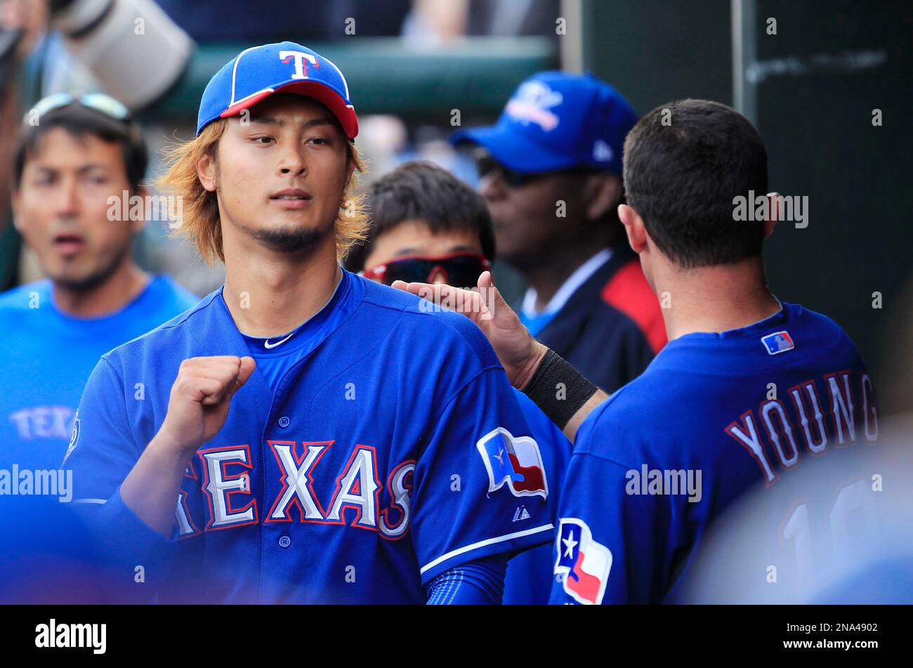 Pitcher Yu Darvish of the Texas Rangers stands on the mound at