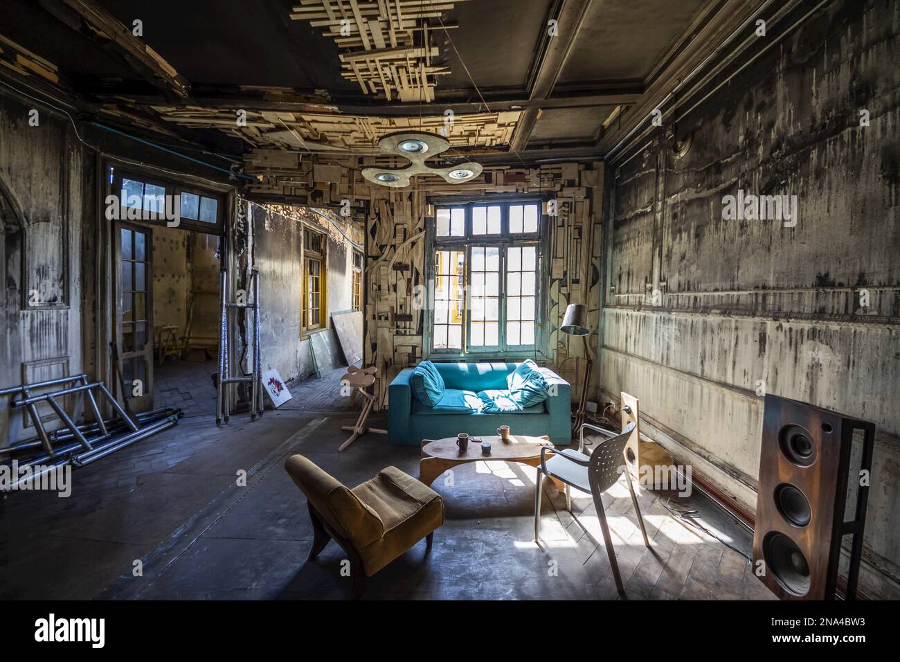 Re-used burned-out building in Barrio Yungay; Santiago, Region Metropolitana, Chile Stock Photo