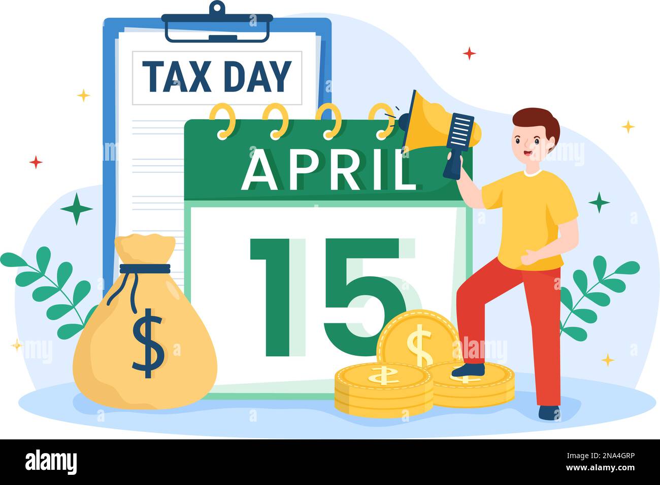 Tax Day Illustration with Clipboard Form, Clock, Calendar and Coins