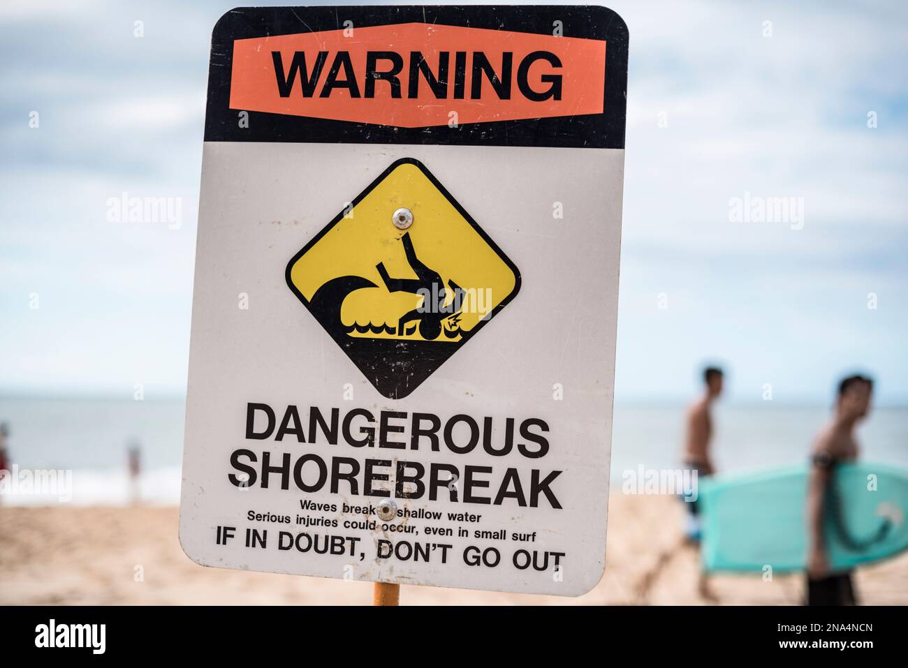 A dangerous shorebreak sign at the beach in the north shore of Oahu