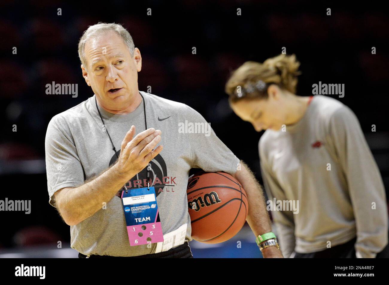 Arkansas women's basketball coach Tom Collen during basketball practice in  College Station, Texas, Friday, March 16, 2012. Arkansas plays Dayton in an  NCAA tournament first-round women's college basketball game on Saturday. (AP