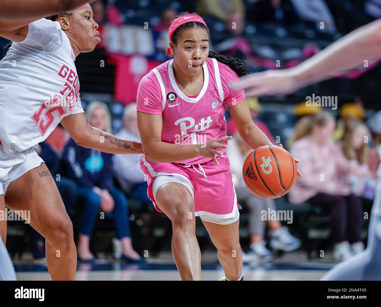 February 12, 2023: Pitt's Dayshanette Harris (1) controls the ball