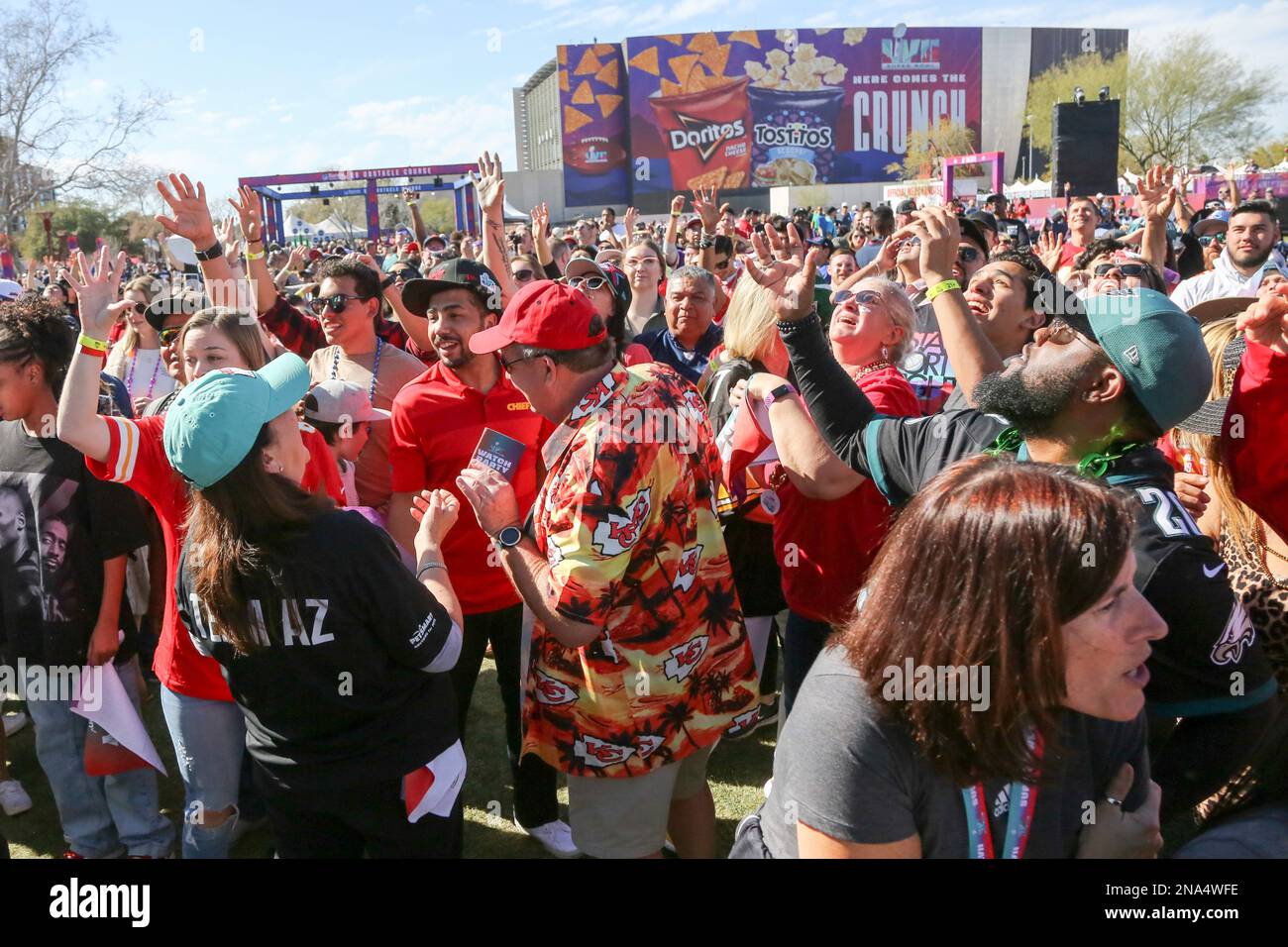 Rally towels are thrown to the fans attending the Official Super Bowl LVII  Watch Party on Super Bowl Sunday as part of the Super Bowl LVII Experience  in Hance Park in Phoenix