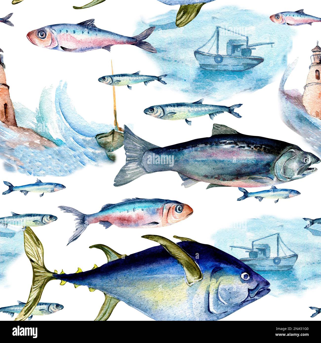 Various sea fish and seascape seamless pattern watercolor illustration ...