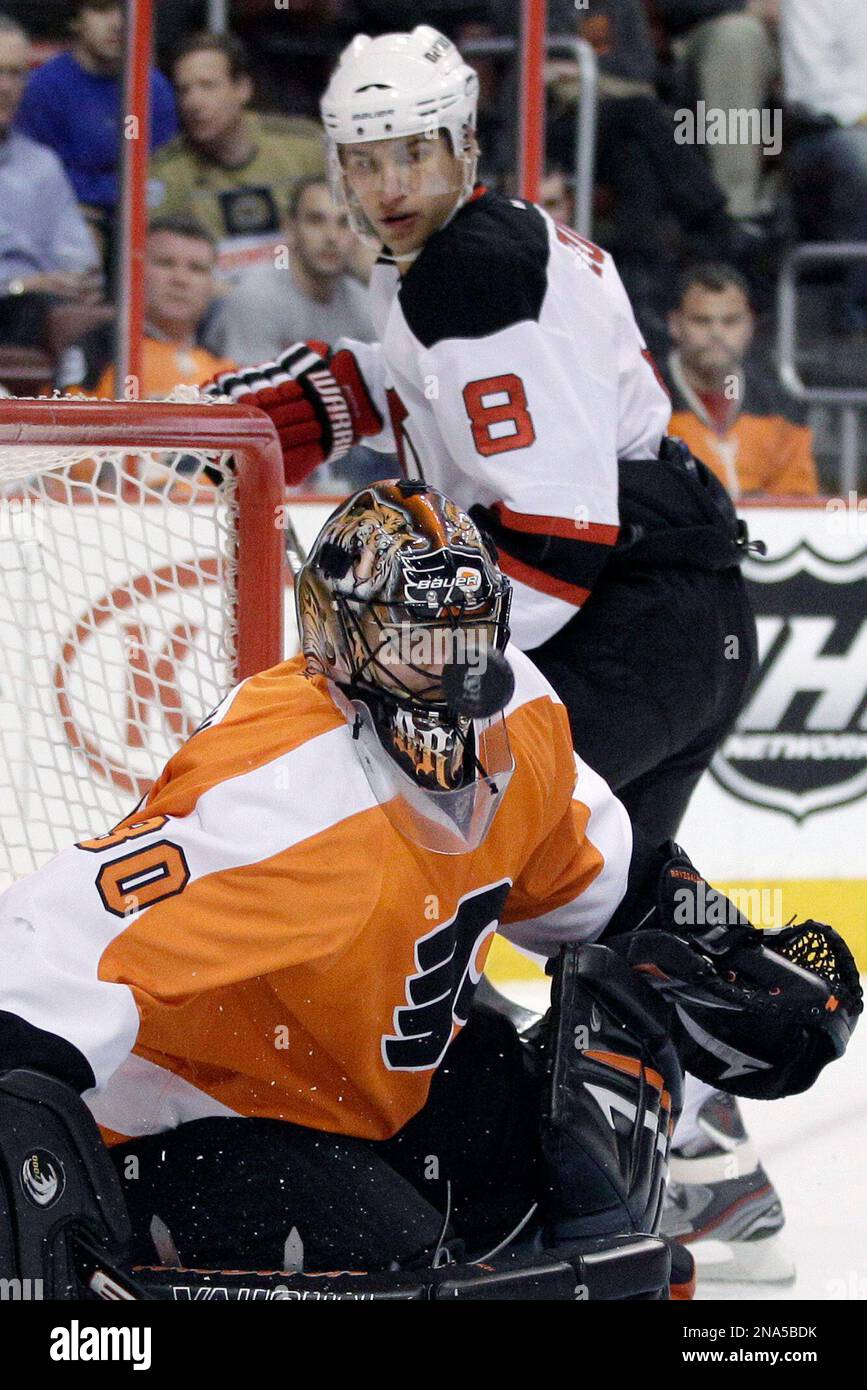 Philadelphia Flyers goalie Ilya Bryzgalov (30), of Russia, blocks a