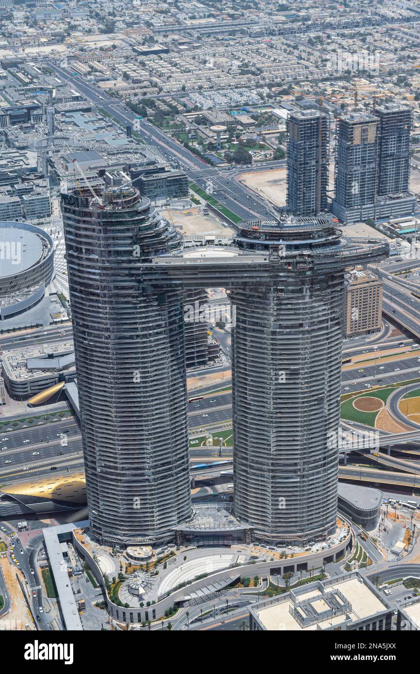 Dubai city view from the top of Burj Khalifa. Stock Photo