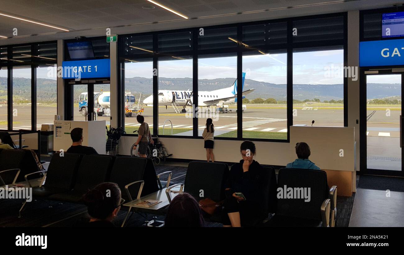 Albion Park Rail, New South Wales / Australia - October 4, 2022: Shellharbour Airport passenger lounge view onto the runway Stock Photo