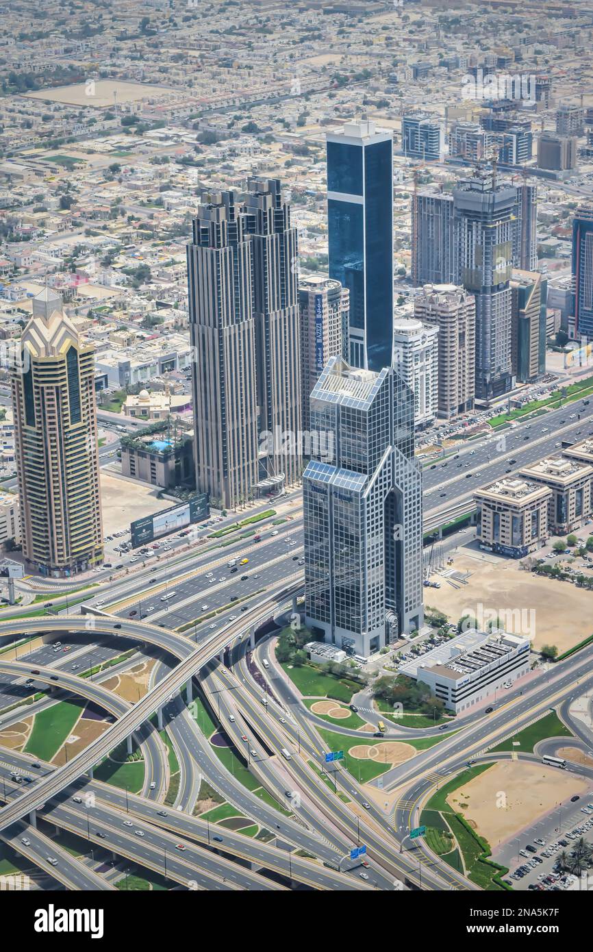 Dubai city view from the top of Burj Khalifa. Stock Photo